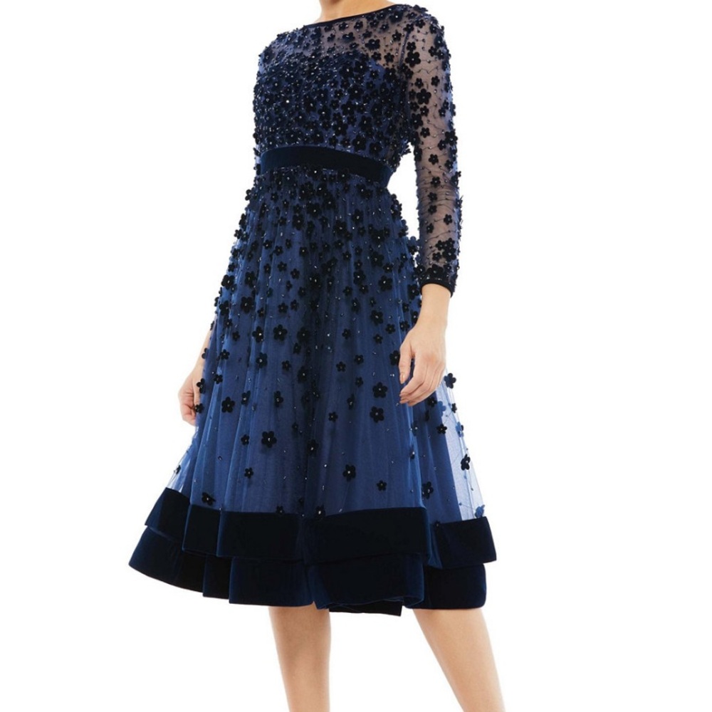 Mac Duggal Tea-Length Dress, Beaded Illusion Bodice & Velvet Floral Accents